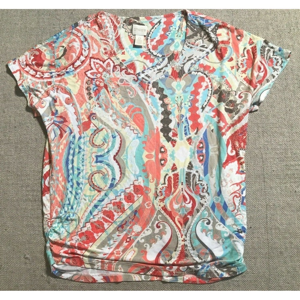 Chico's Women's Blouse 0 Multicolor V-neck Short Sleeve Top #1690‎